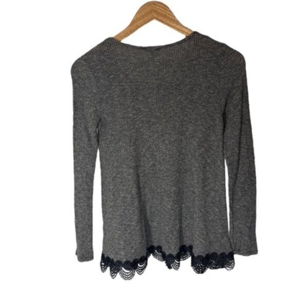 Quinn Grey Ribbed Knit Long Sleeve Top Black Crochet Lace Trim Small Made in USA